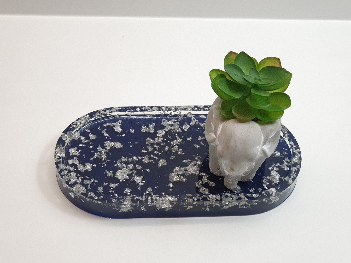 Blue & Silver Leaf Oval Resin Trinket Tray