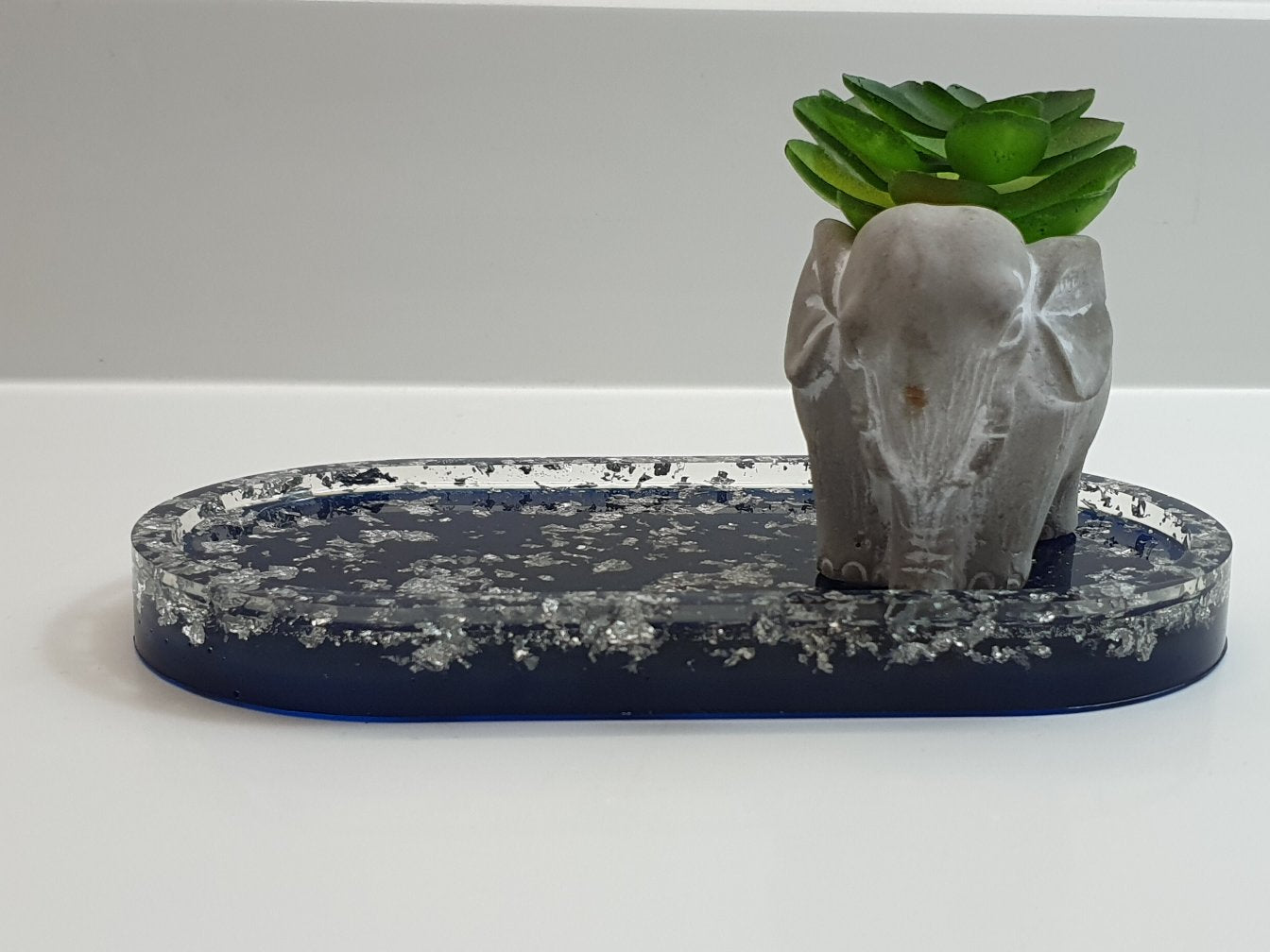 Blue & Silver Leaf Oval Resin Trinket Tray