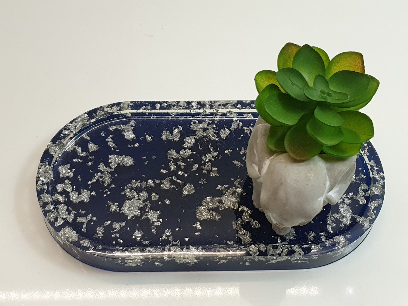 Blue & Silver Leaf Oval Resin Trinket Tray