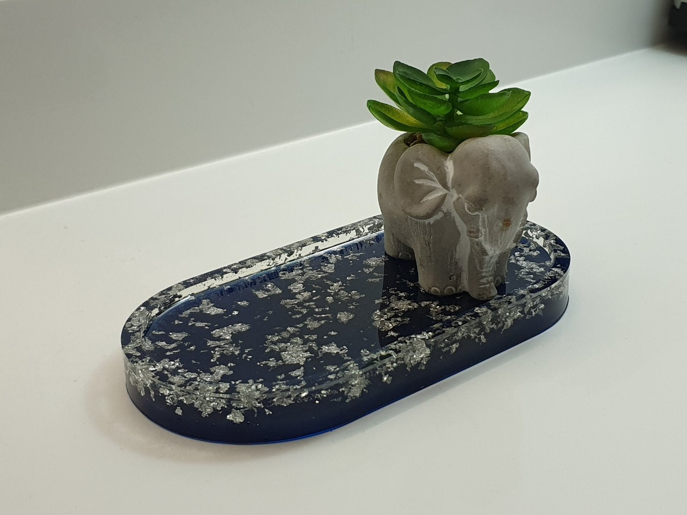 Blue & Silver Leaf Oval Resin Trinket Tray