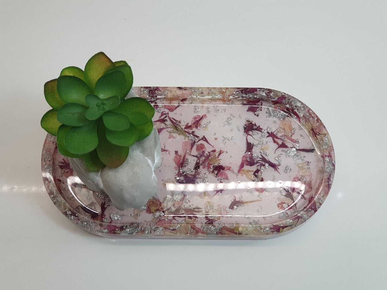 Flowery, Silver & Baby Pink Oval Resin Tray