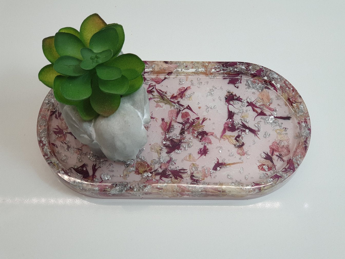 Flowery, Silver & Baby Pink Oval Resin Tray