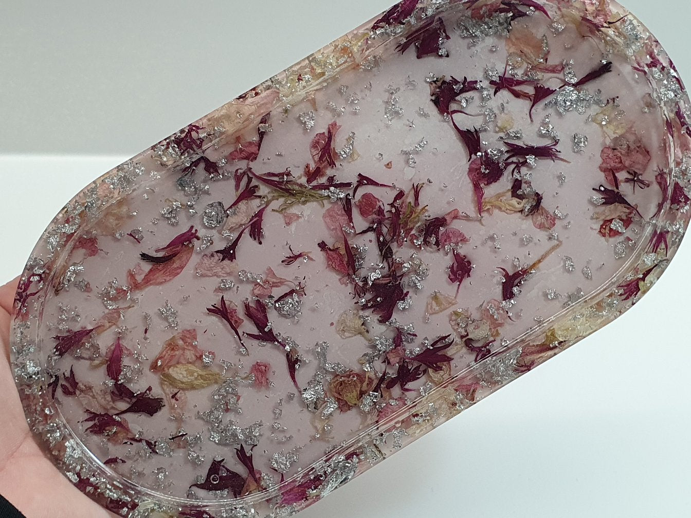 Flowery, Silver & Baby Pink Oval Resin Tray
