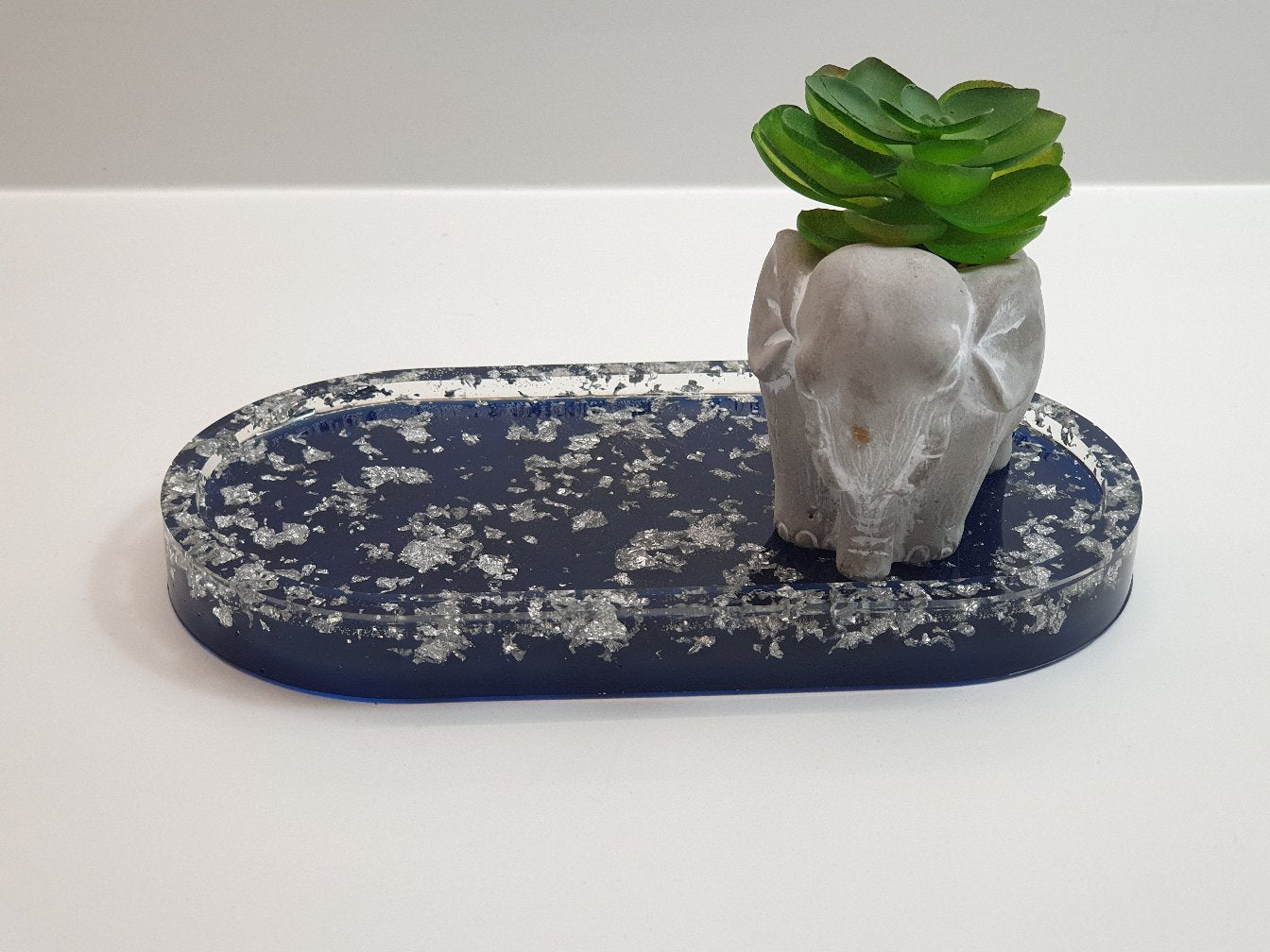 Blue & Silver Leaf Oval Resin Trinket Tray