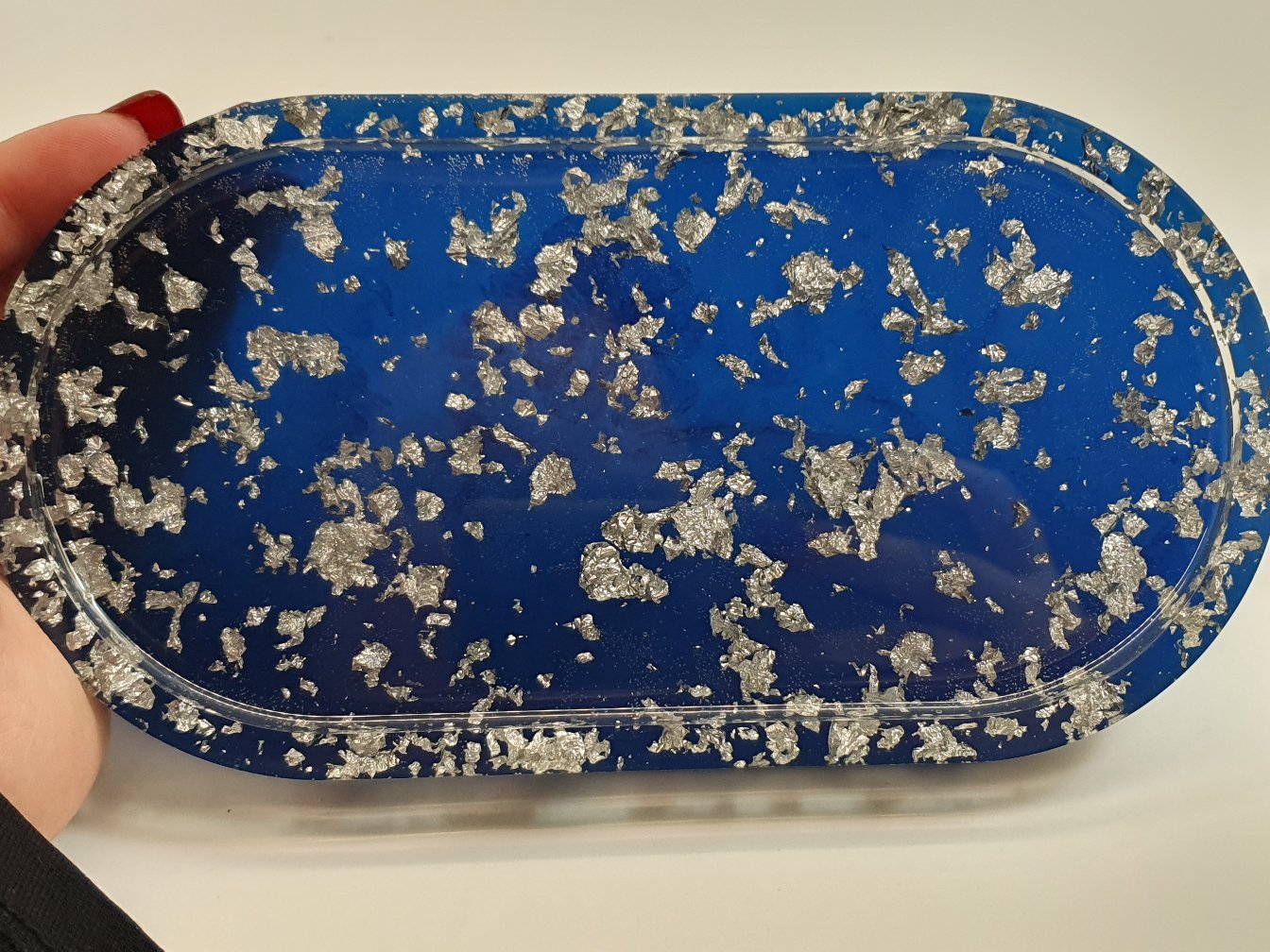 Blue & Silver Leaf Oval Resin Trinket Tray