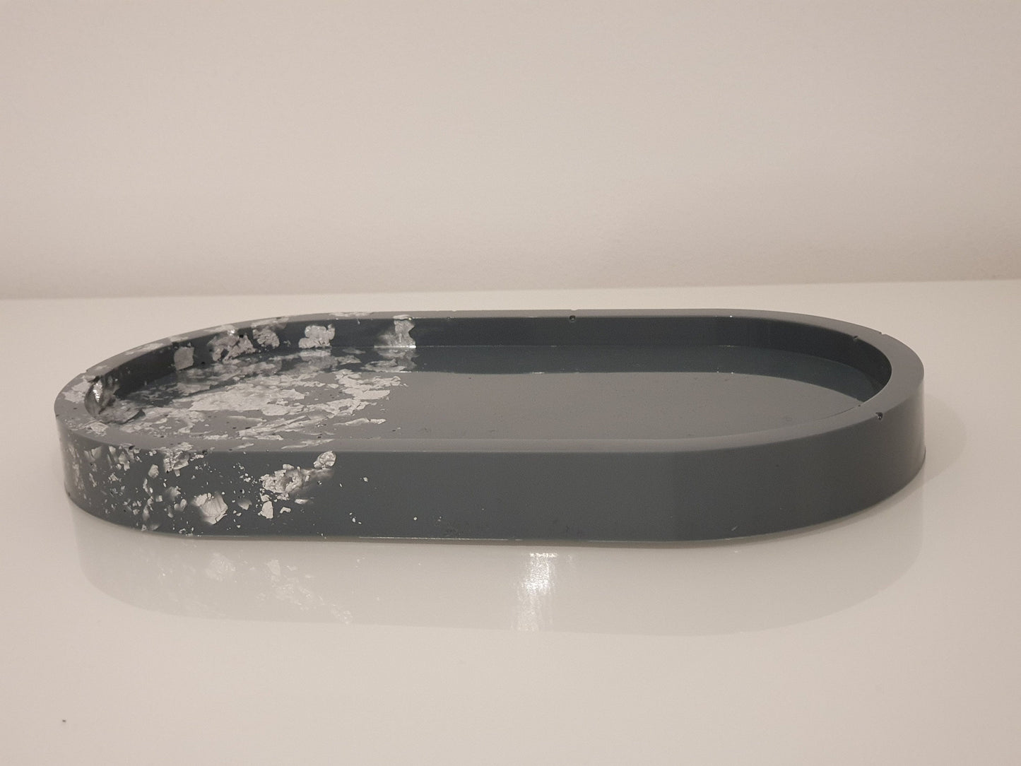 Grey and Silver Leaf Resin Oval Tray