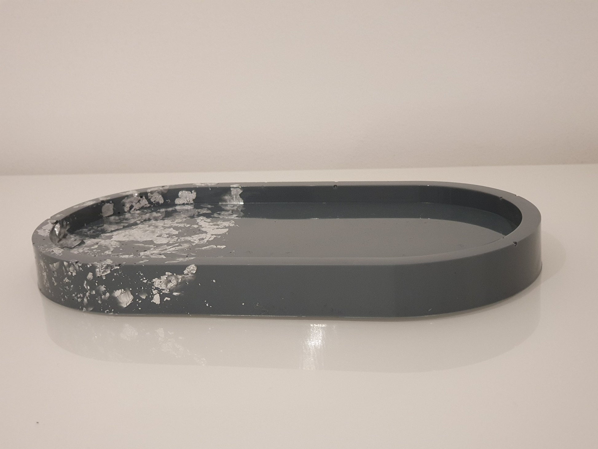 Grey and Silver Leaf Resin Oval Tray