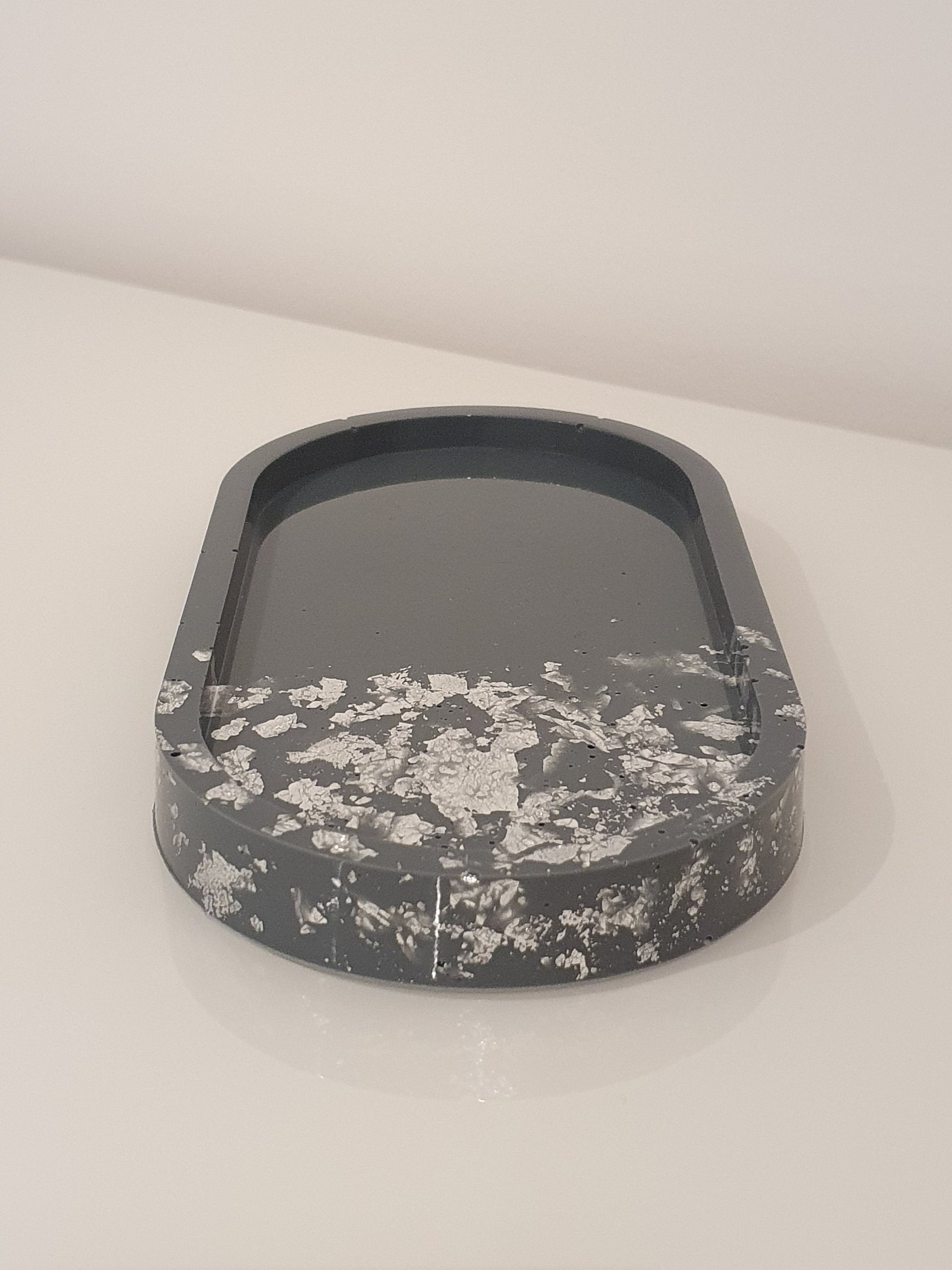 Grey and Silver Leaf Resin Oval Tray