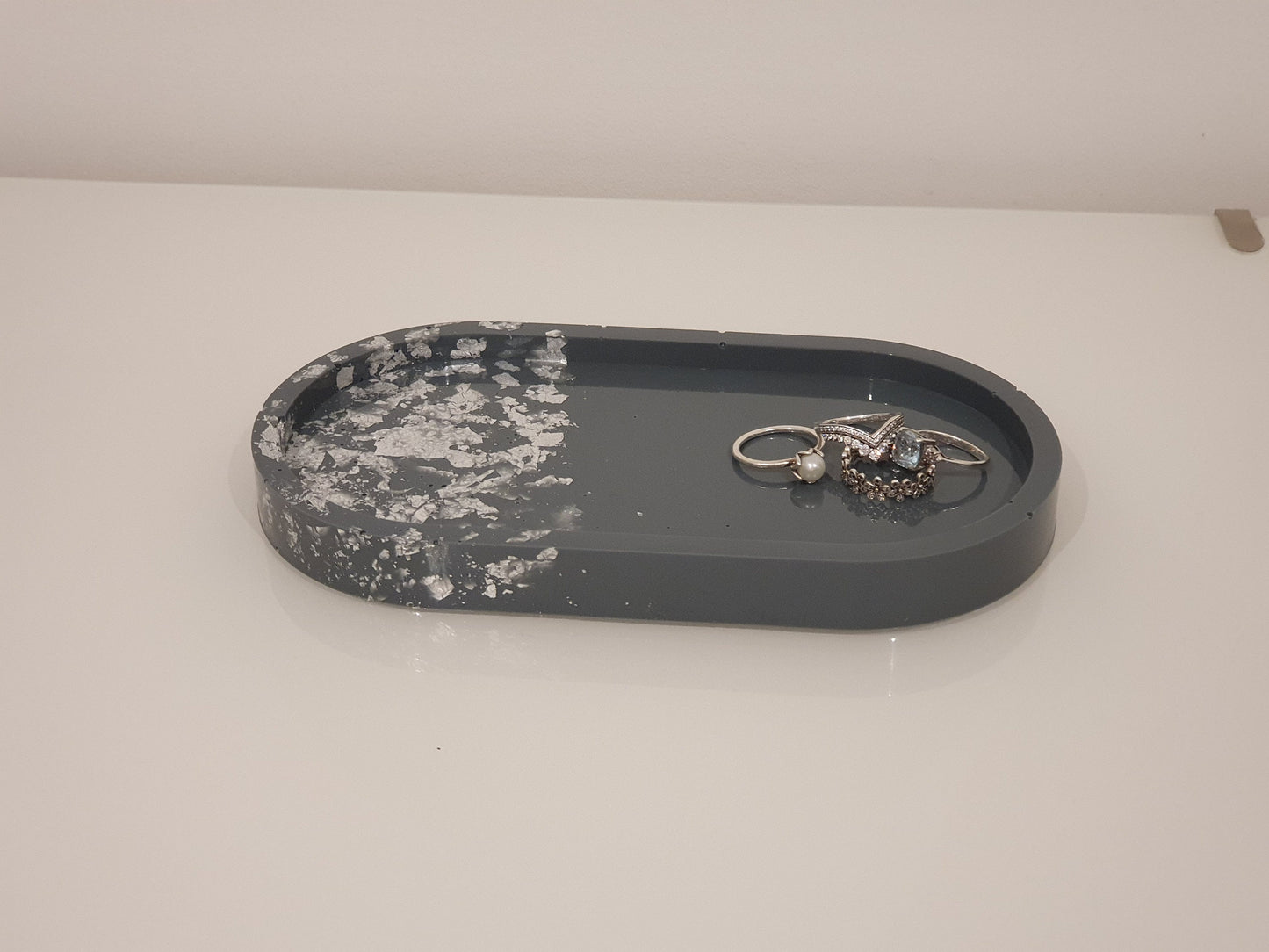 Grey and Silver Leaf Resin Oval Tray