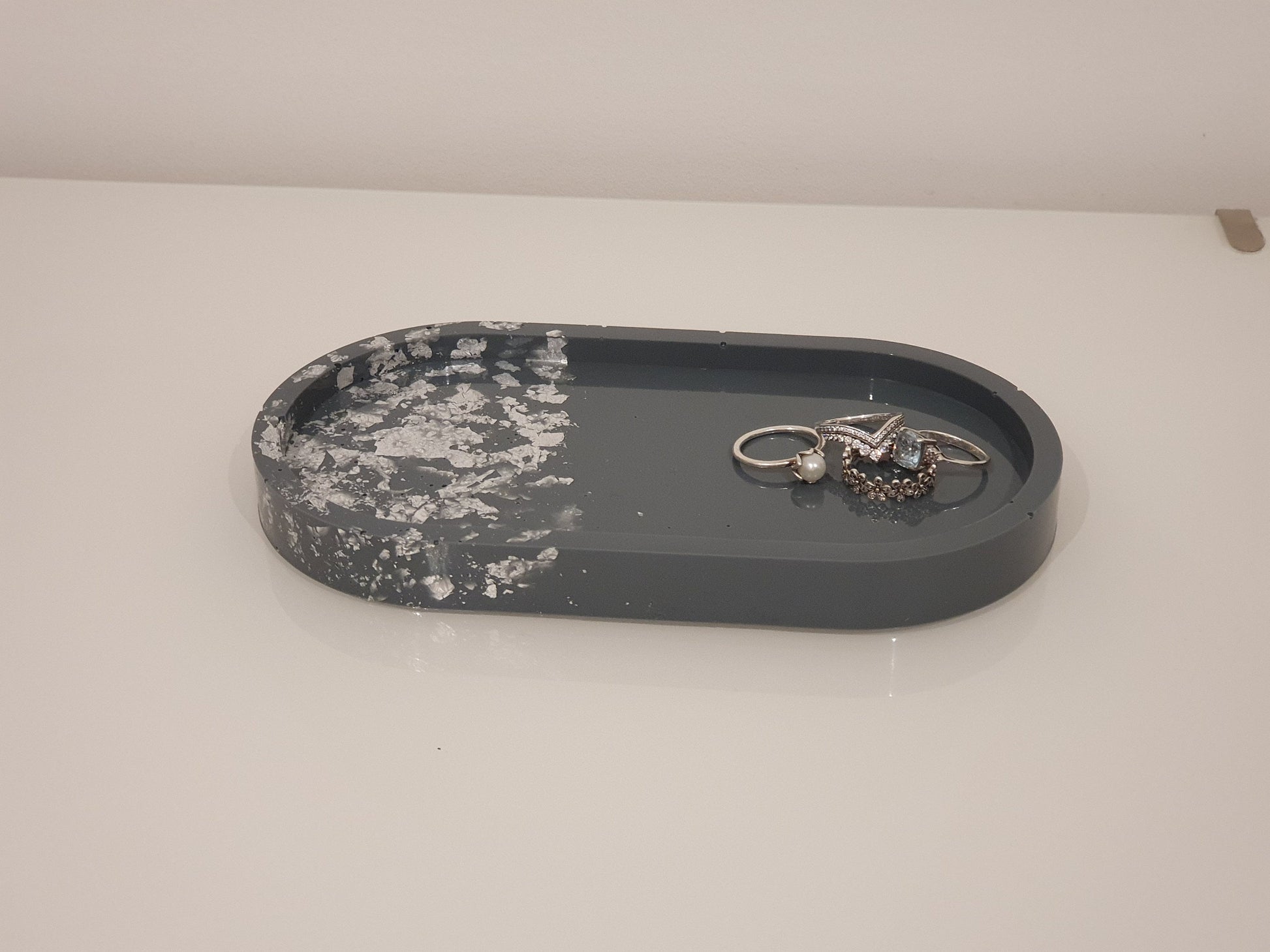 Grey and Silver Leaf Resin Oval Tray