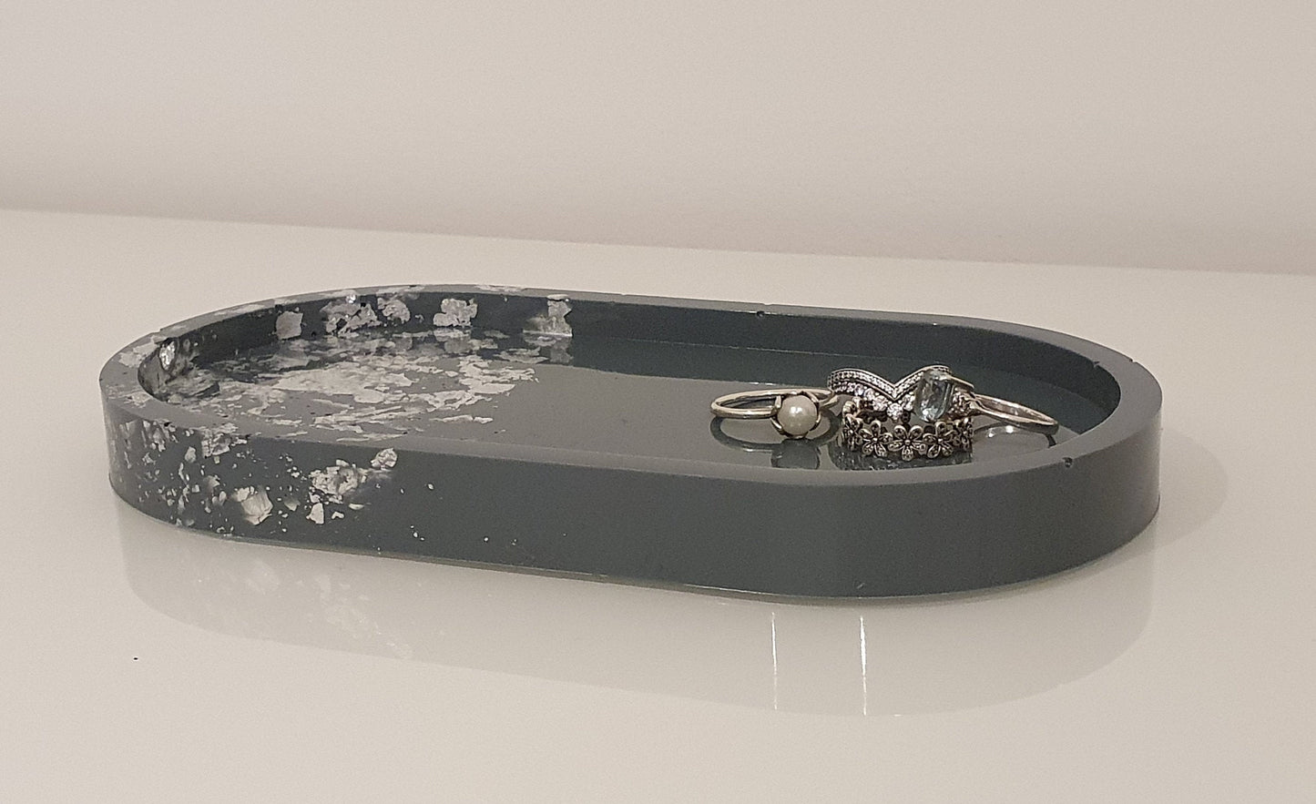 Grey and Silver Leaf Resin Oval Tray