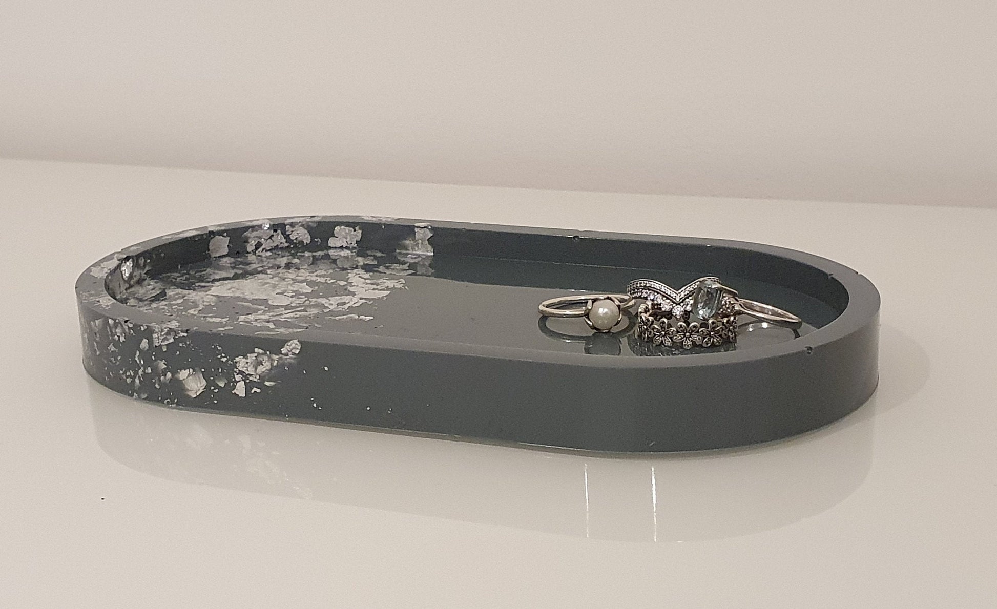 Grey and Silver Leaf Resin Oval Tray
