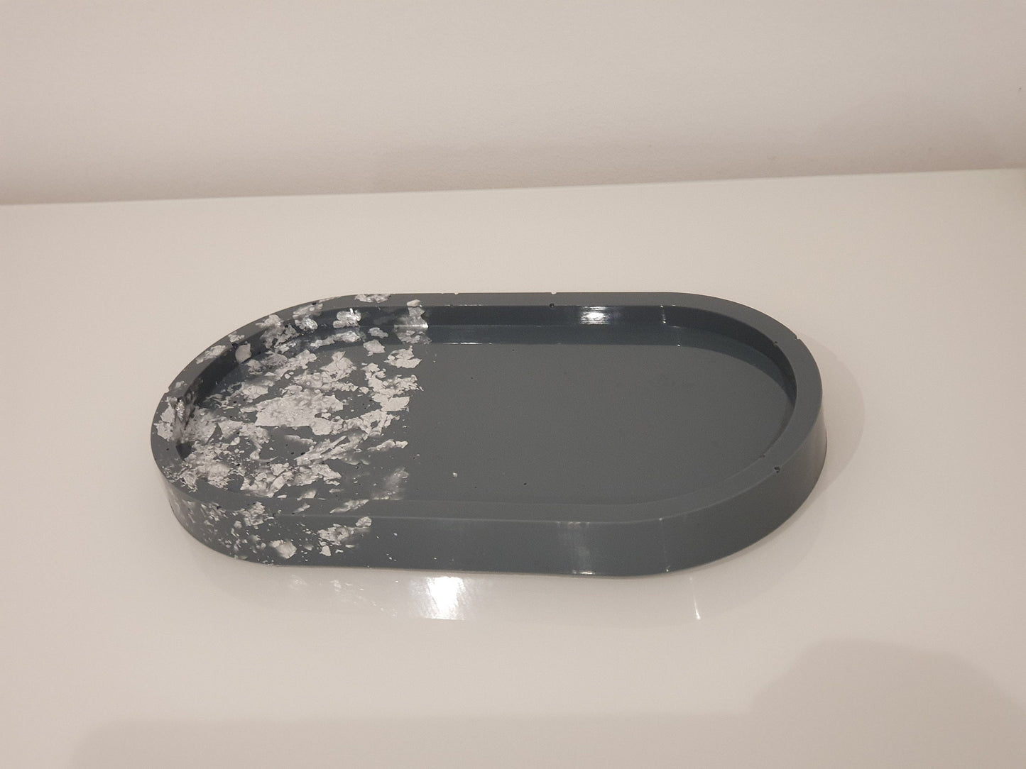 Grey and Silver Leaf Resin Oval Tray