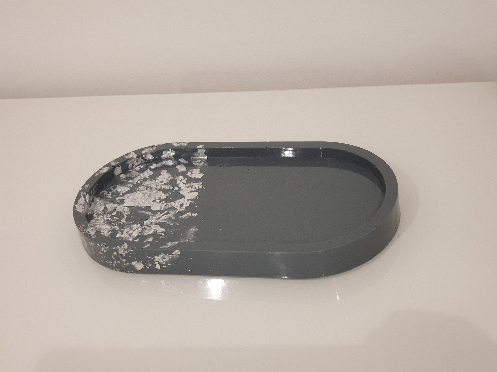 Grey and Silver Leaf Resin Oval Tray